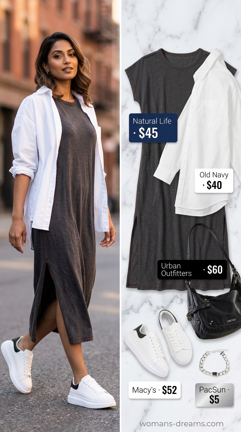 Charcoal grey oversized tee dress summer outfit for women 2026 with white shirt & platform sneakers.