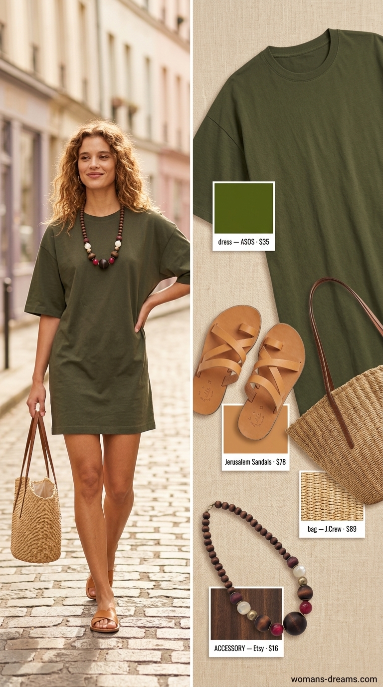 Olive green oversized tee dress summer outfit for women 2026 with straw tote, leather slides, and layered necklace for farmer's market.