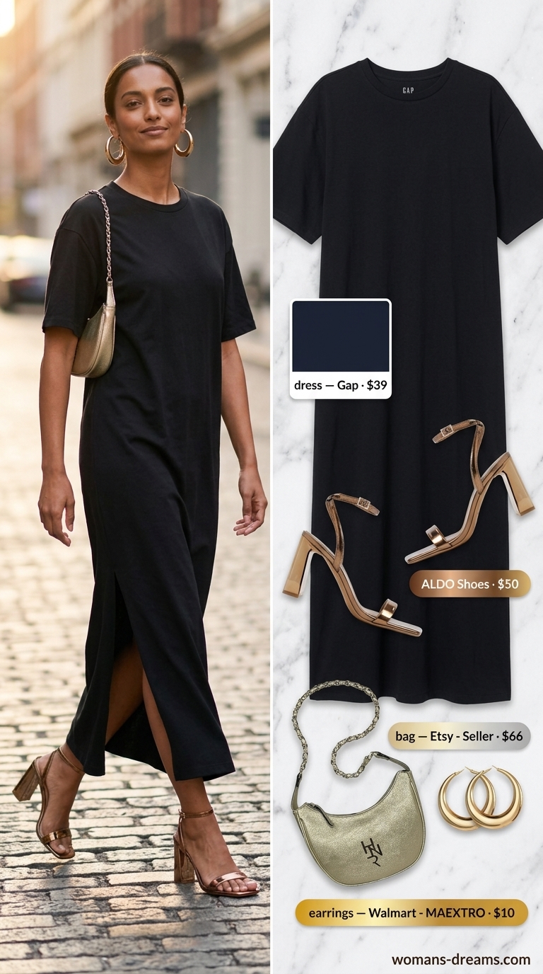 Oversized tee dress summer outfit for women 2026: Black maxi tee dress with gold sandals & bag for evening drinks.