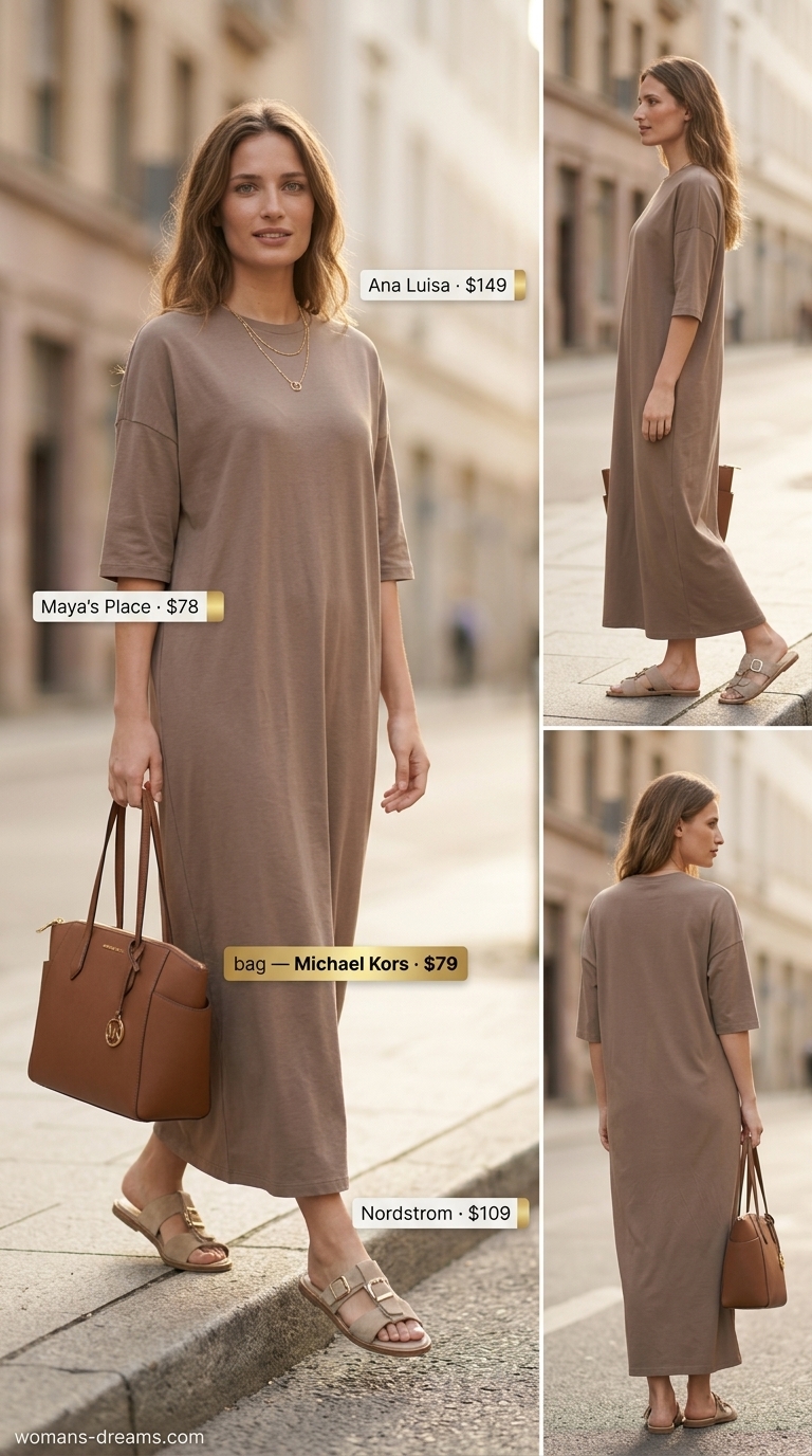 Beige oversized tee dress summer outfit for women 2026 with slides & tote for elevated casual.