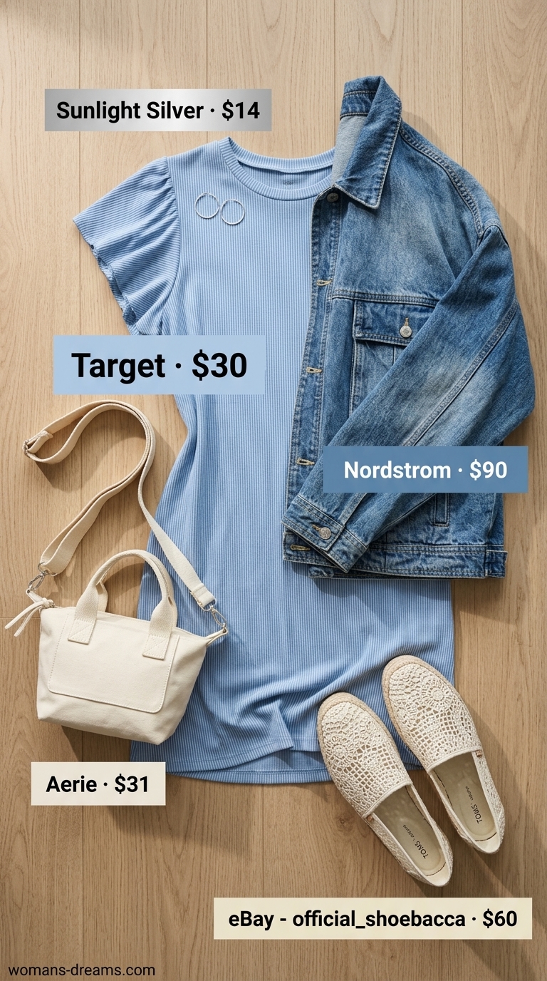 Light blue oversized tee dress summer outfit for women 2026 with denim jacket, white sneakers, and crossbody bag for weekend brunch.