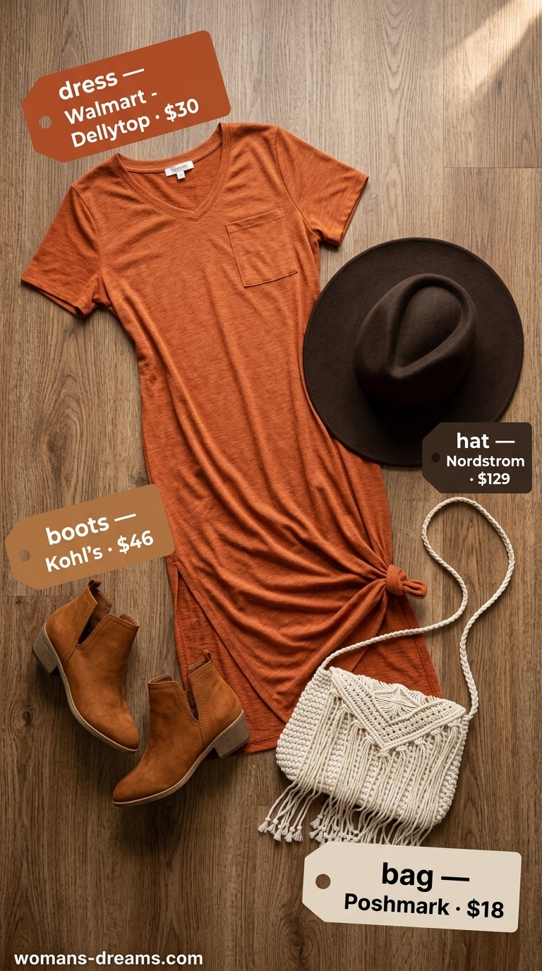 Rust orange oversized tee dress summer outfit for women 2026 with ankle boots & hat for boho vibes.