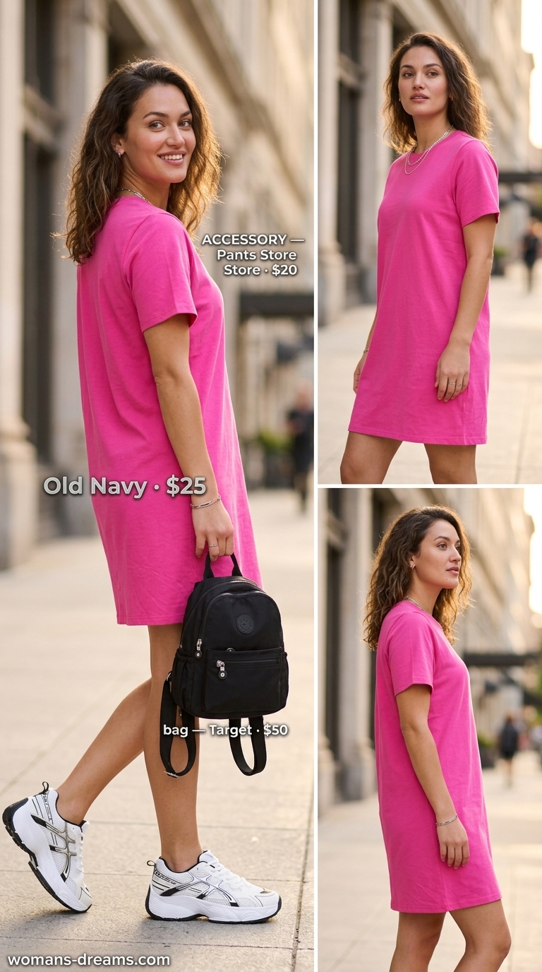 Hot pink oversized tee dress summer outfit for women 2026 with sneakers & backpack for city stroll.