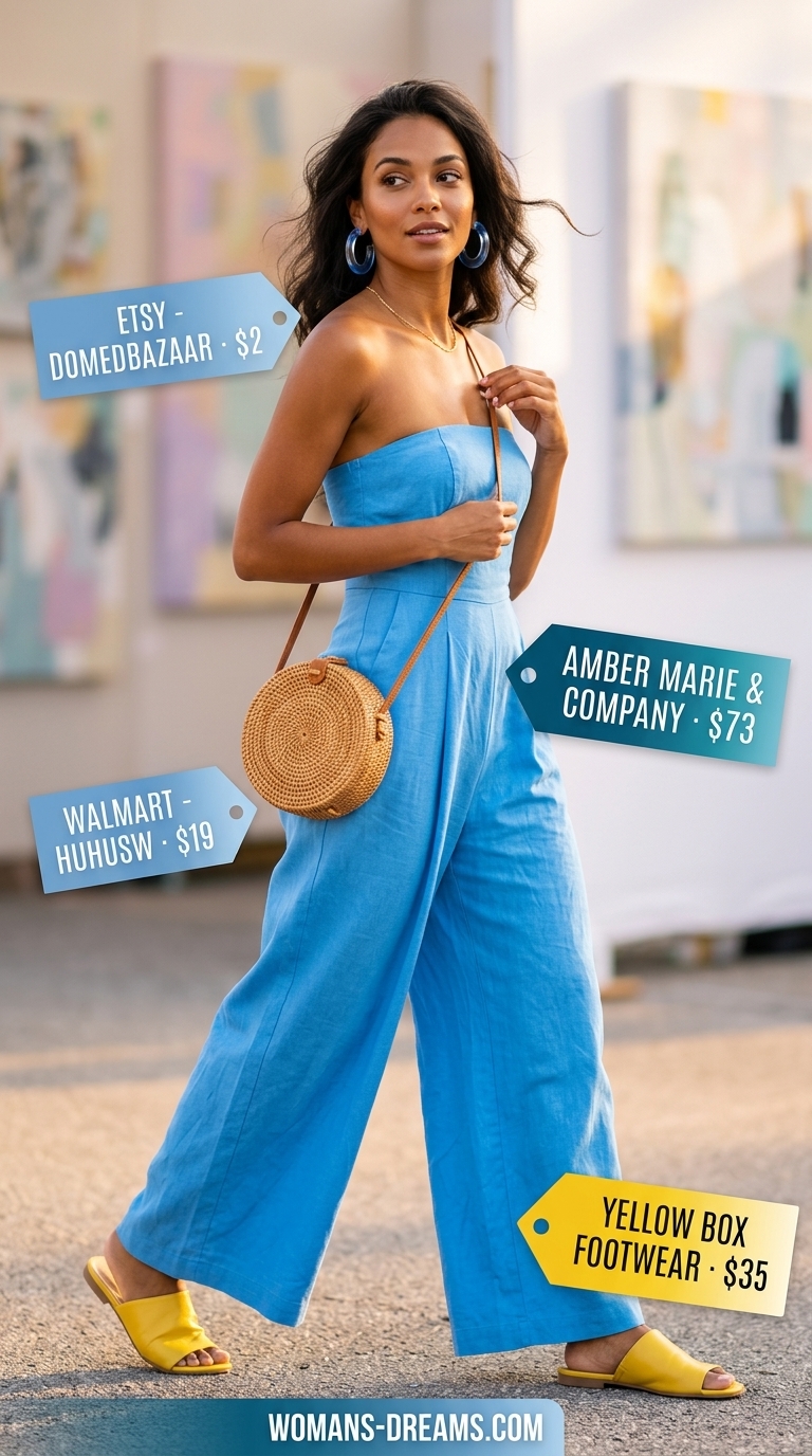 Blue and white abstract print strapless linen jumpsuit with yellow sandals for art walks.
