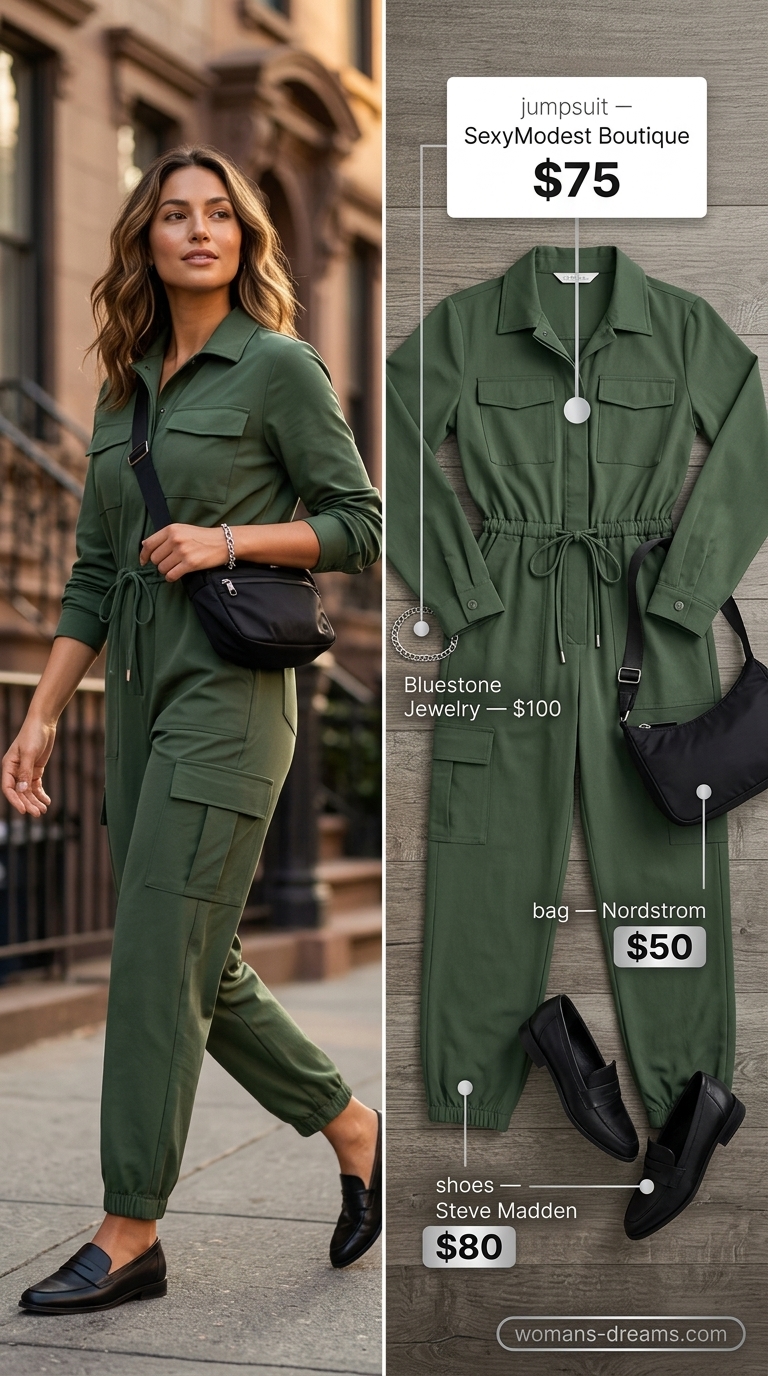 Utility Summer Shopping Outfits 2026 Trendy summer shopping day outfits for women 2026: Matcha green utility jumpsuit with black loafers for urban exploration.