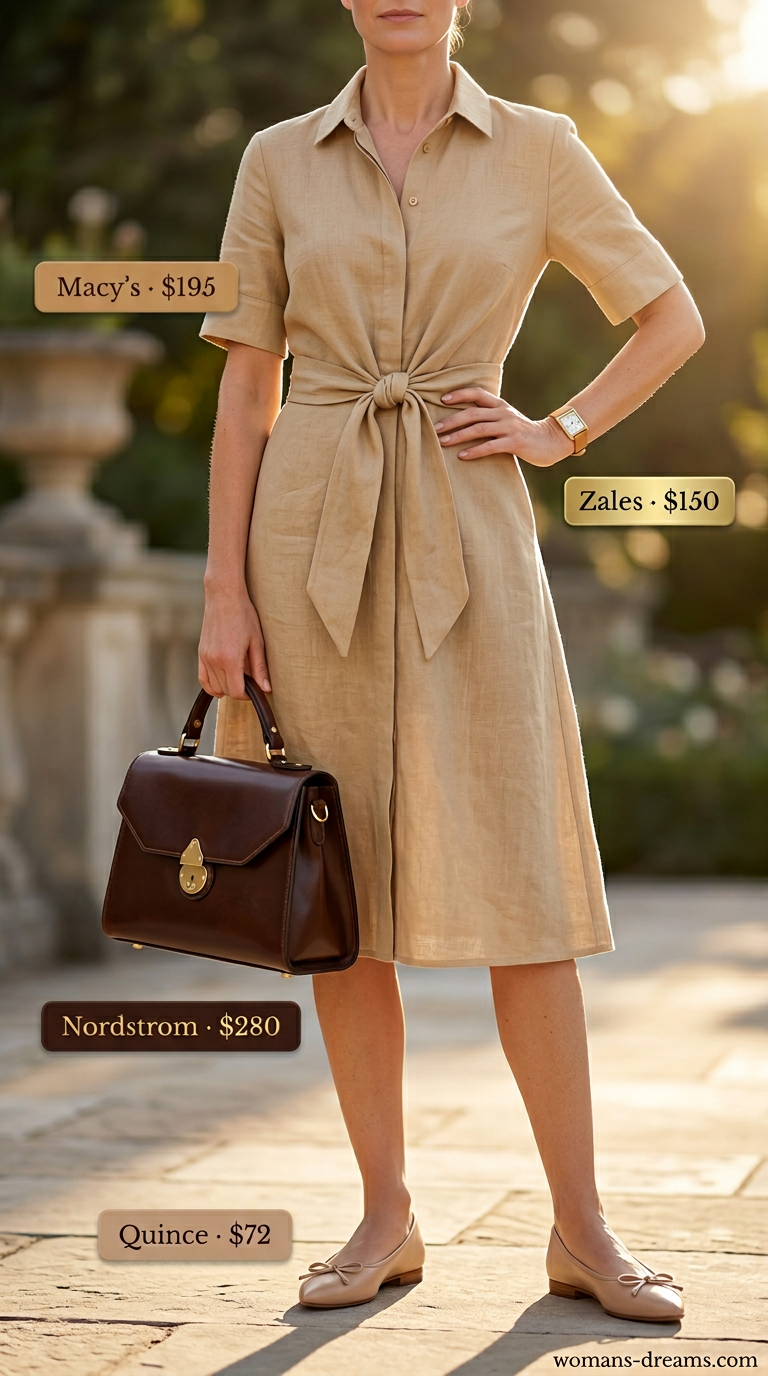 Neutral summer old money outfit for women 2026: Soft tan linen shirt dress, dark brown bag, gold watch, cream flats.