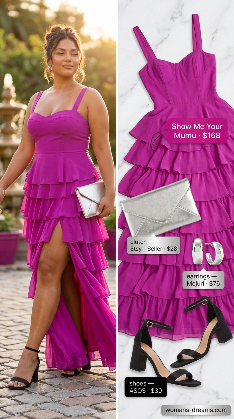 Monochrome pink summer outfits for women 2026: Magenta maxi dress, silver sandals, hoop earrings for evening.