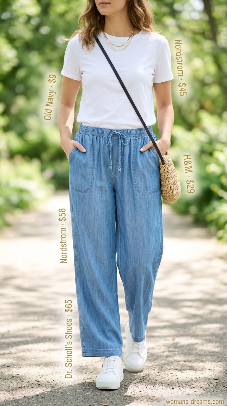 Practical mom outfits summer 2026: Wide-leg chambray pants, white tank, and straw bag for errands.