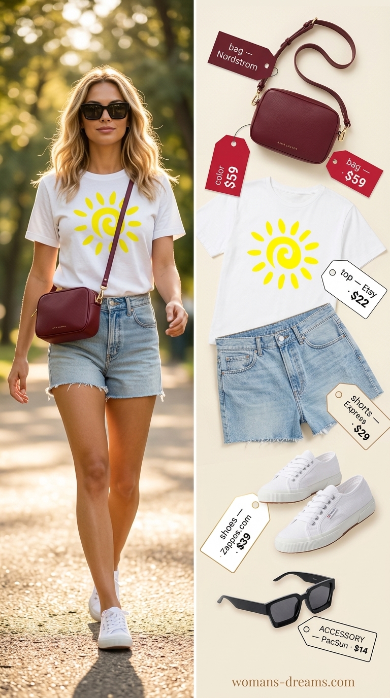 Practical mom outfits summer 2026: Denim shorts, graphic tee, and sneakers for playdates.
