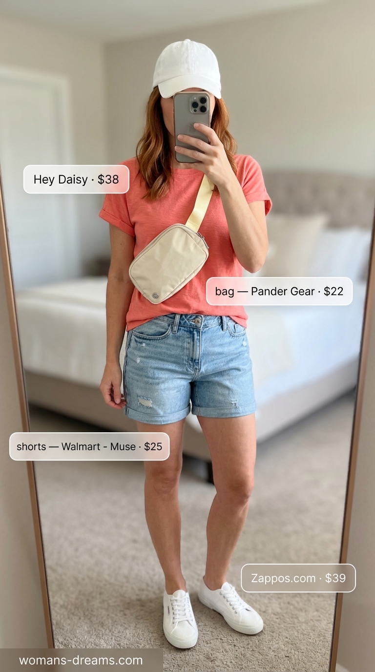 Practical mom outfits summer 2026: Distressed denim shorts, coral tee, and white sneakers for playgrounds.