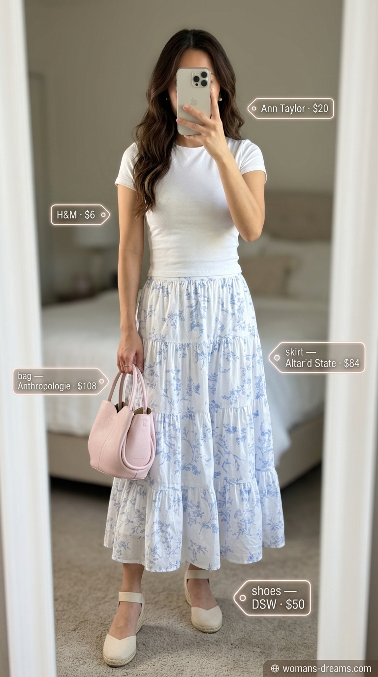 Practical mom outfits summer 2026: Floral midi skirt, white tee, and espadrilles for library visits.