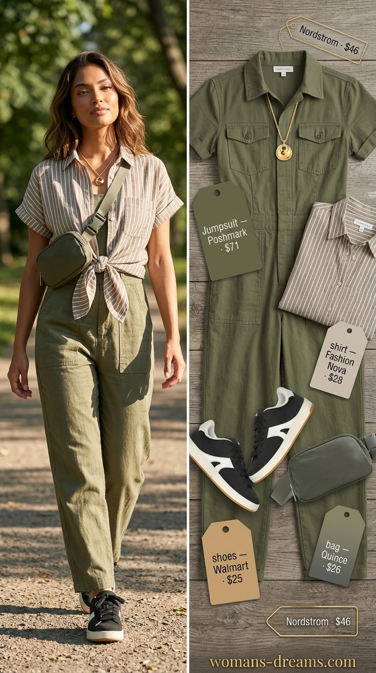 Practical mom outfits summer 2026: Khaki utility jumpsuit, black sandals, and crossbody bag for zoo trips.