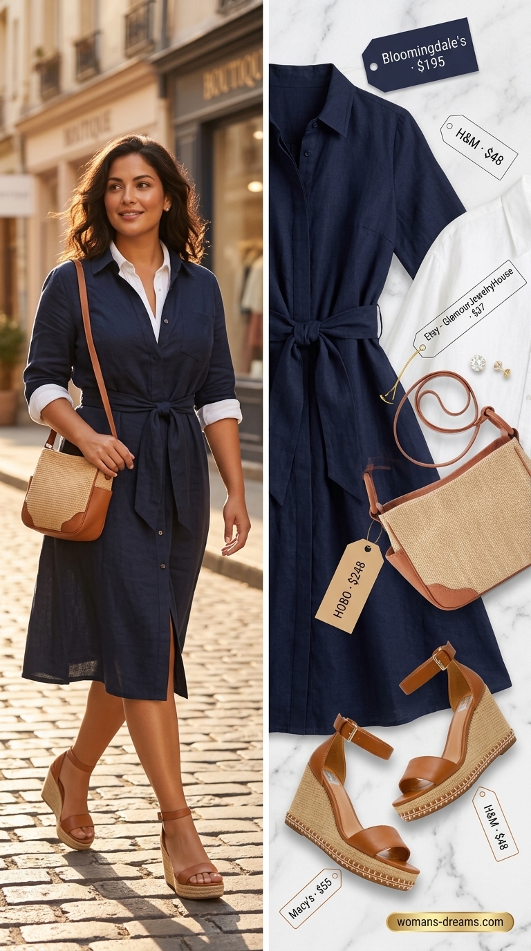 Practical mom outfits summer 2026: Navy linen shirt dress, white sneakers, and straw bag for lunch.