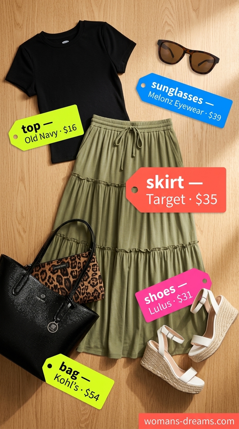 Practical mom outfits summer 2026: Olive green midi skirt, black tee, and espadrilles for errands.