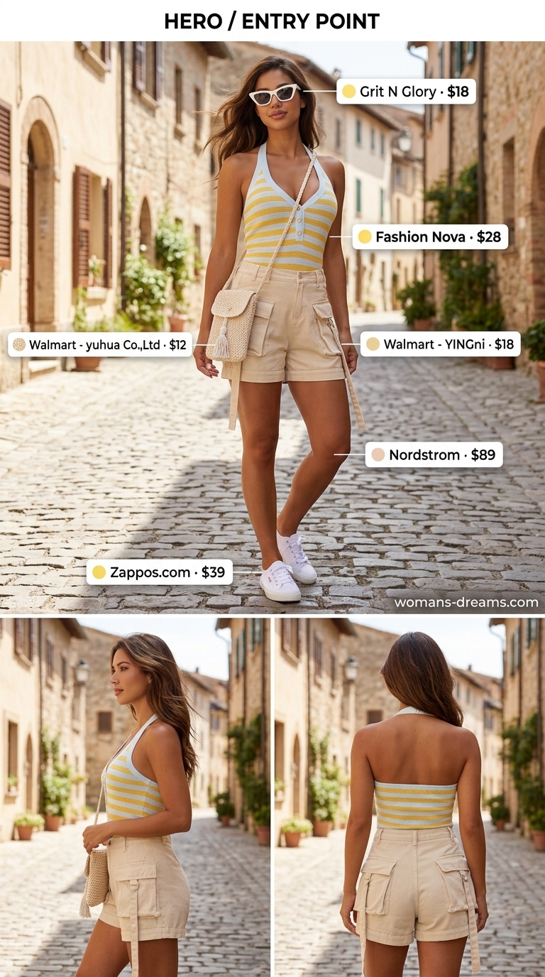 Practical mom outfits summer 2026: Striped romper, black tee, and sneakers for brunch.