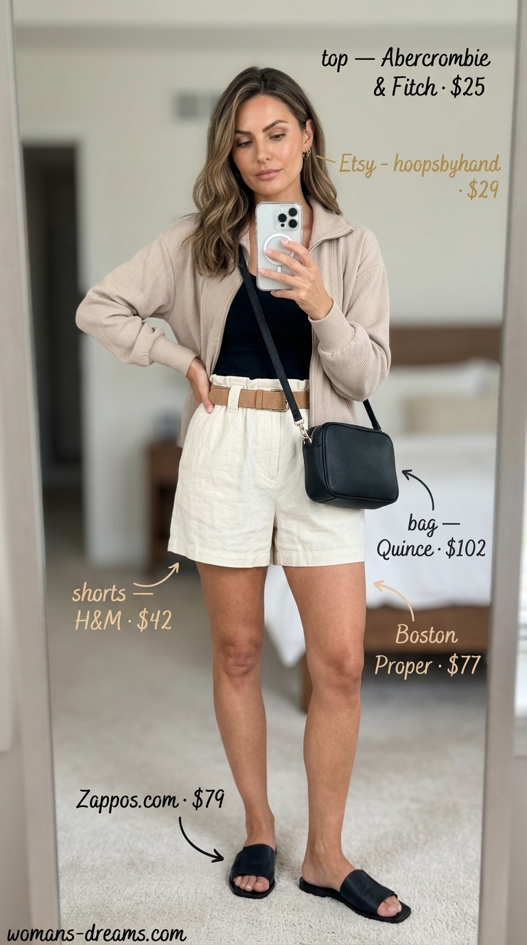 Minimalist practical mom outfit summer 2026: Beige linen shorts, black tank, crossbody bag.