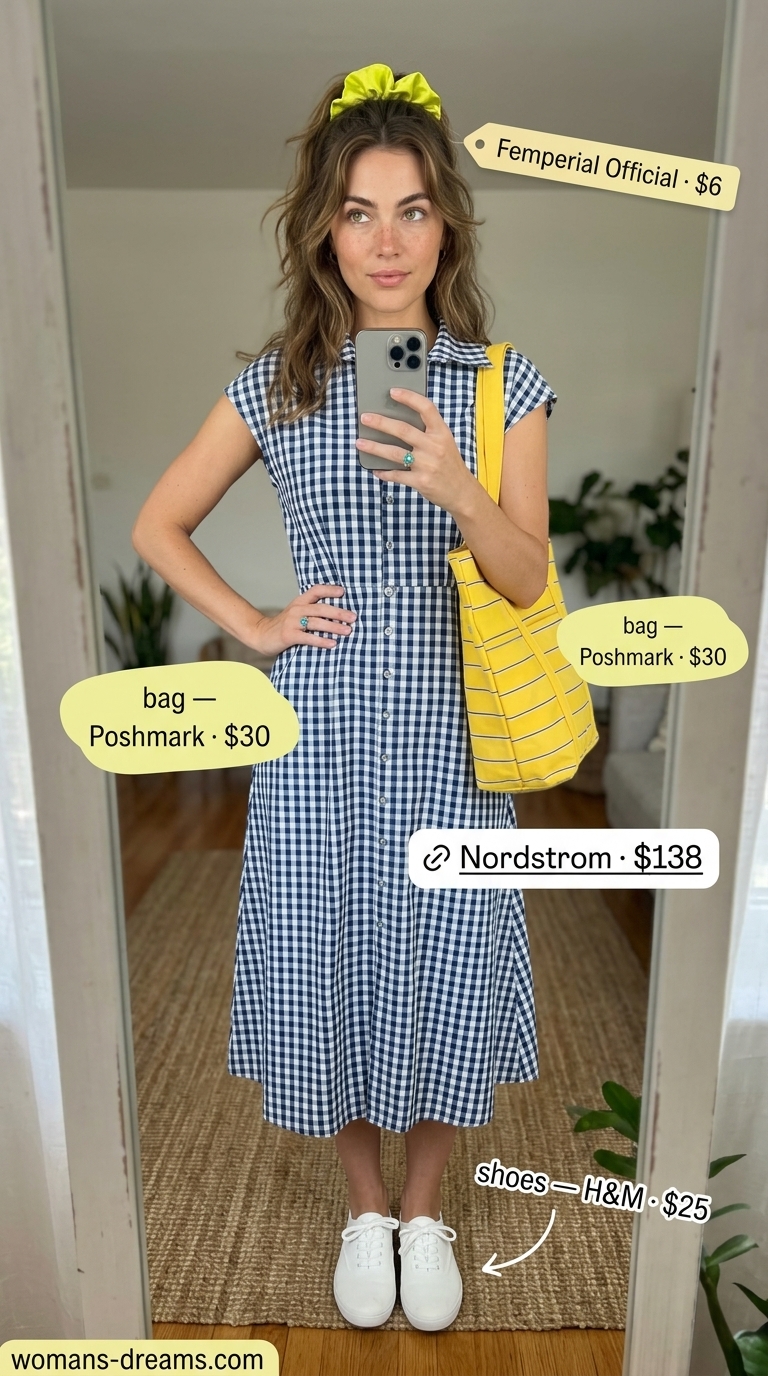 Picnic perfect practical mom outfit summer 2026: Blue gingham shirtdress, yellow scrunchie, canvas tote.