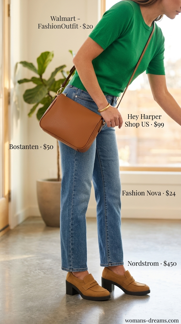 Comfortable practical mom outfit summer 2026: Emerald green top, denim jeans, loafers for errands.