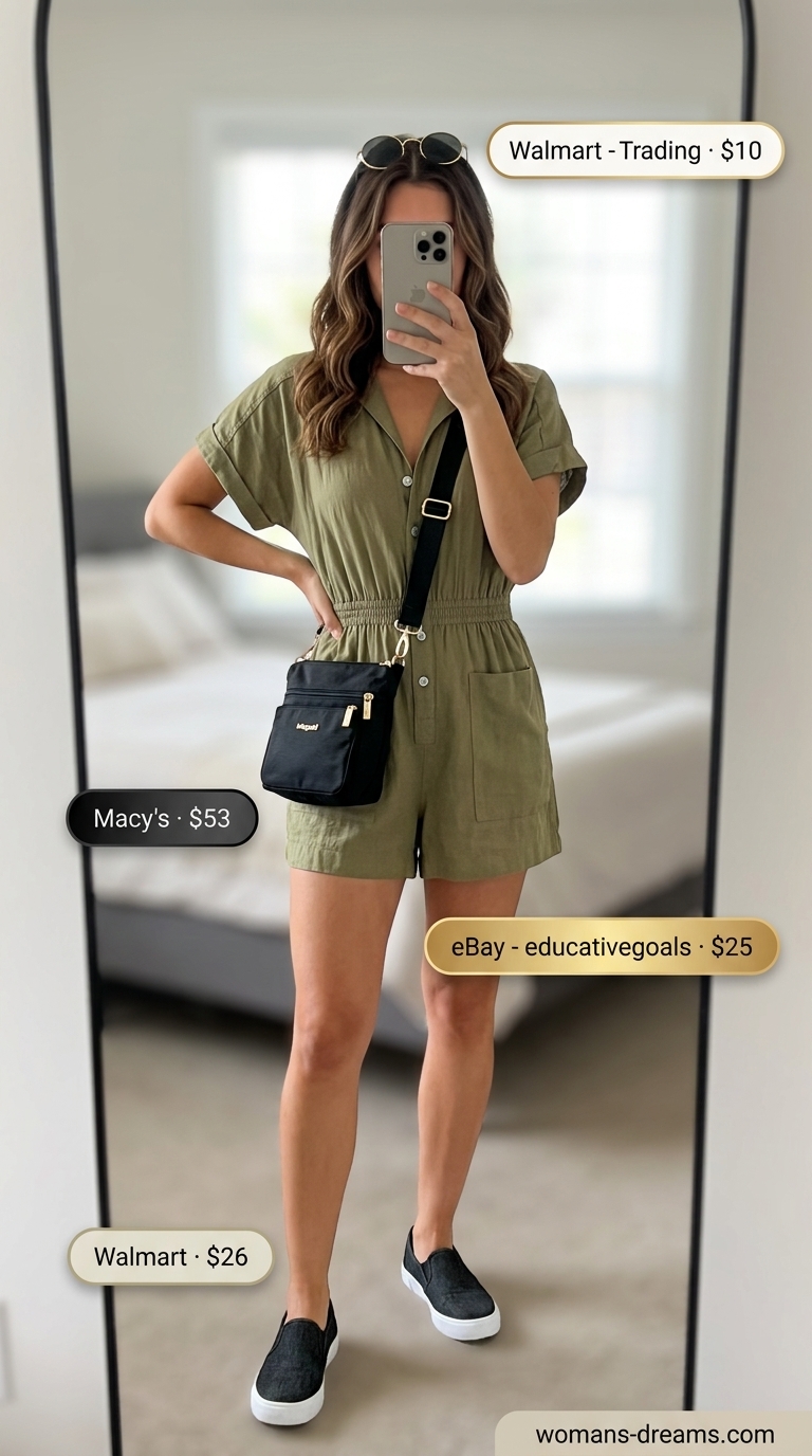 Adventure ready practical mom outfit summer 2026: Khaki romper, black sneakers, sunglasses.