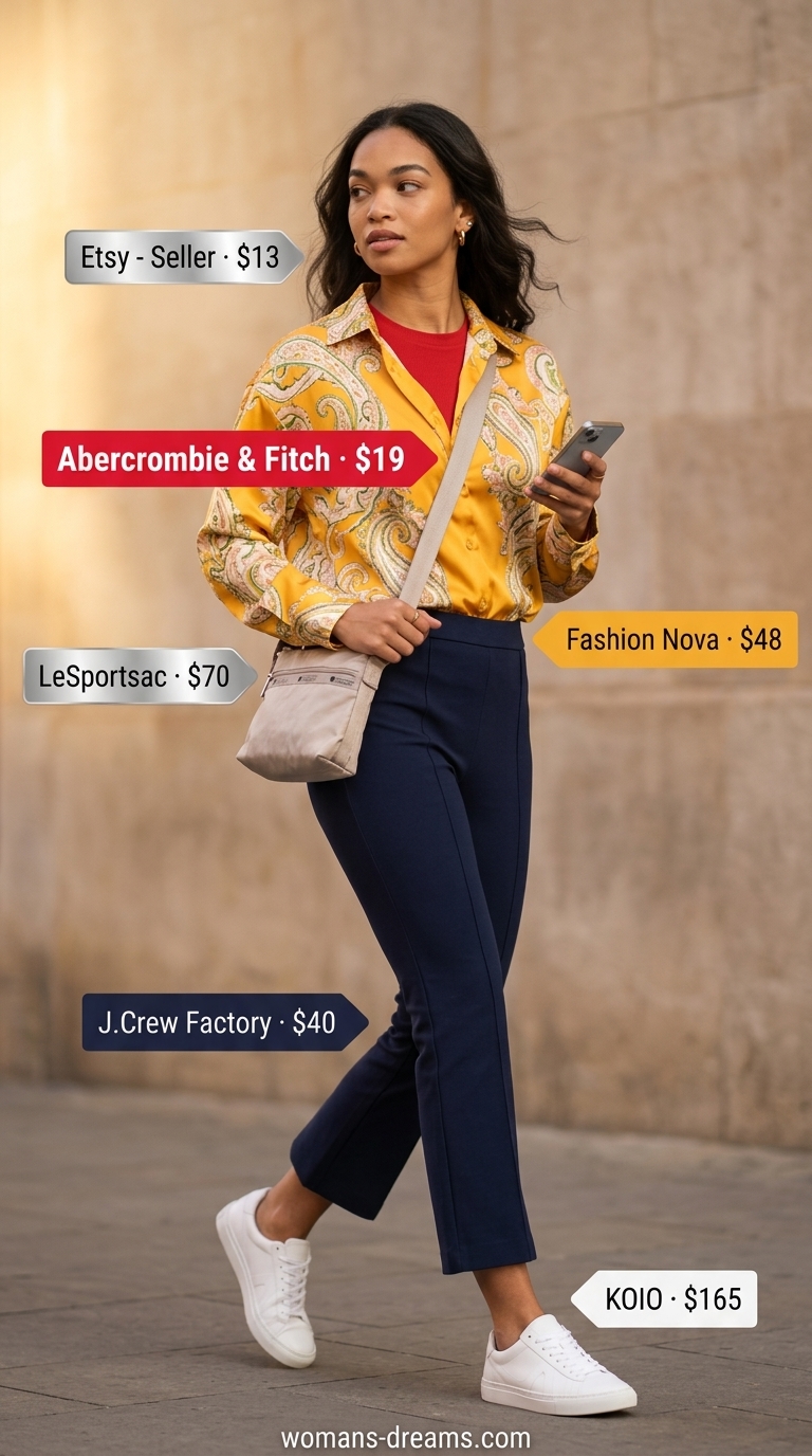 Active mom outfit summer 2026: Navy cropped pants, red tee, white sneakers, crossbody bag.