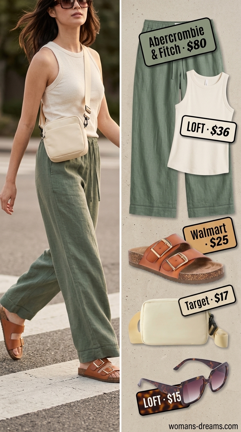 Park playdate practical mom outfit summer 2026: Olive green pants, cream tank, slide sandals.