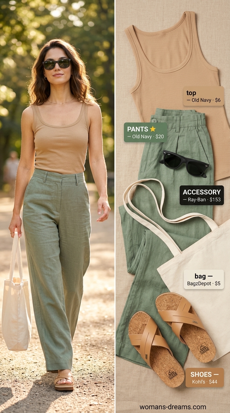 Coastal mom outfit summer 2026: Sage green linen pants, white shirt, cream tank, tan slides.