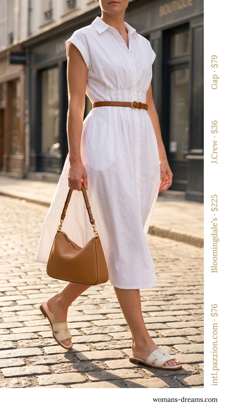 Polished practical mom outfit summer 2026: White midi shirt dress, beige slides, gold jewelry for office.
