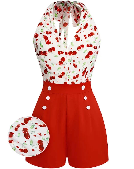 romper 1950s Cherry V-Neck Halter Lace-Up Romper Retro Stage $29.99