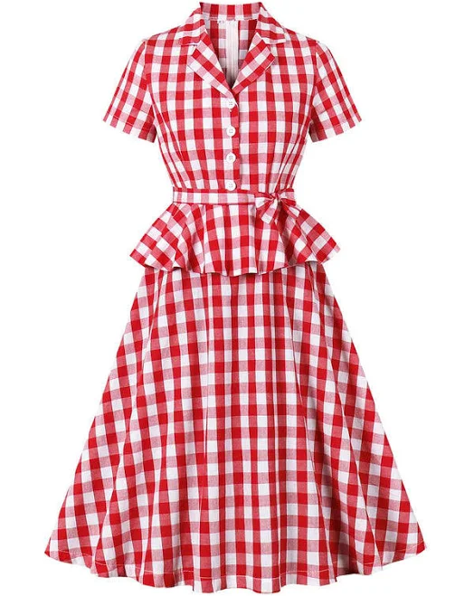 dress 1950s Gingham Plaid Linen Midi Dress Retro Stage $39.99