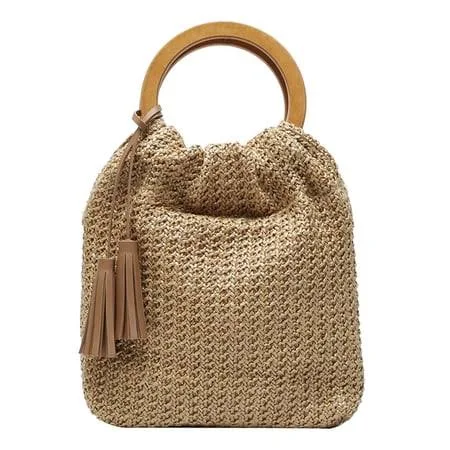 bag 1pc Fashion Straw Woven Bag Round Wooden Handle Bag Walmart - Narrster $15.05