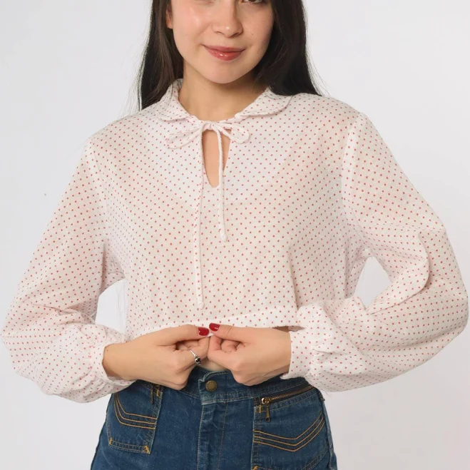 blouse 80s Vintage Polka Dot Long Sleeve Tie Neck Blouse Etsy - ShopExile $41