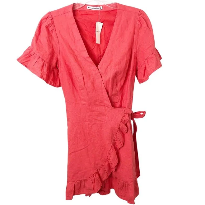 dress Abercrombie & Fitch Pink Coral Linen Blend Short Sleeve Wrap Dress eBay - kandigirlresale $39.99