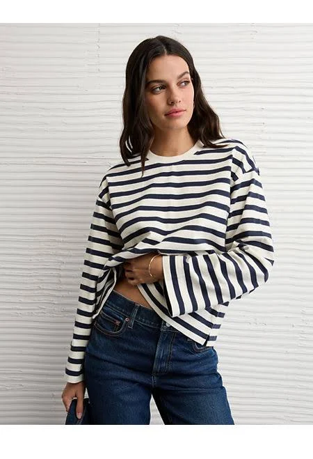 top AE Women's Striped Long Sleeve T-Shirt American Eagle Outfitters $22.46