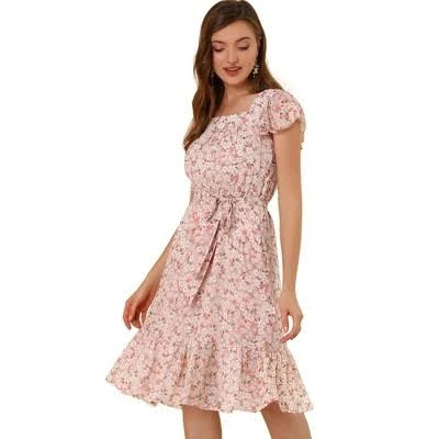dress Allegra K Women's Boho Floral Chiffon Flutter Sleeve Belted Ruffle Target $39.99