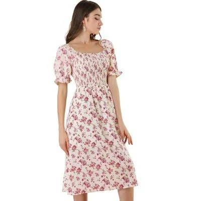 dress Allegra K Women's Cottagecore Floral Square Neck Puff Sleeve Midi Smocked Target $42.99