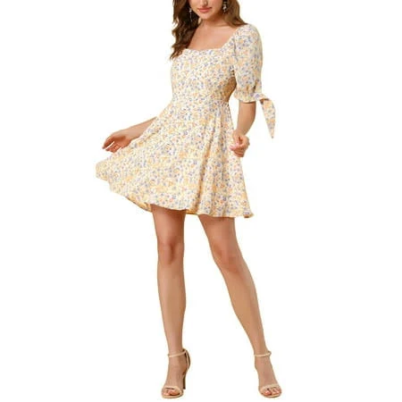 dress Allegra K Women's Floral Sweetheart Neck Puff Sleeve Fit and Flare A Walmart - Tasharina Corp $29.99