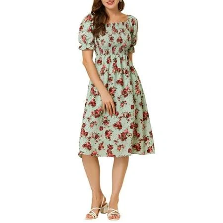 dress Allegra K Women's Smocked Floral Square Neck Puff Sleeve Midi Dress Walmart - Tasharina Corp $33.29