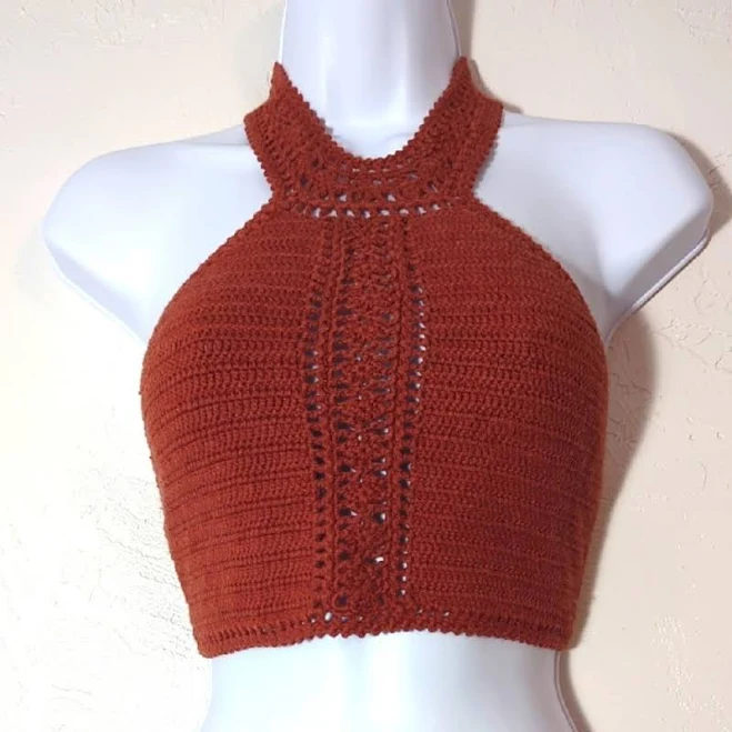 crop top American Eagle Rust Orange Indie Concert Crochet Knit Halter Crop Top eBay $16.99