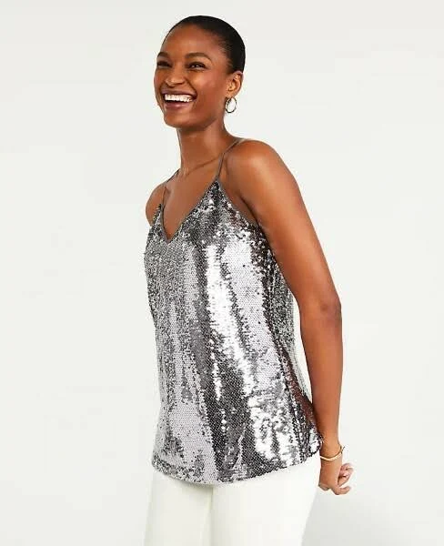 top Ann Taylor Sequin Drapey Cami Silver, Sz. Reg. Xs eBay $37.7