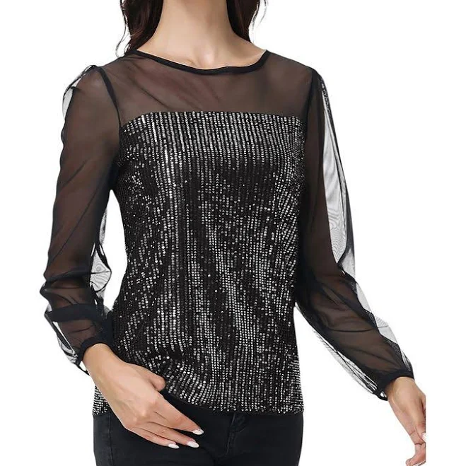 top Anna-Kaci Women's Sheer Mesh Long Sleeve Top with Sequin Front Panel Kohl's $40