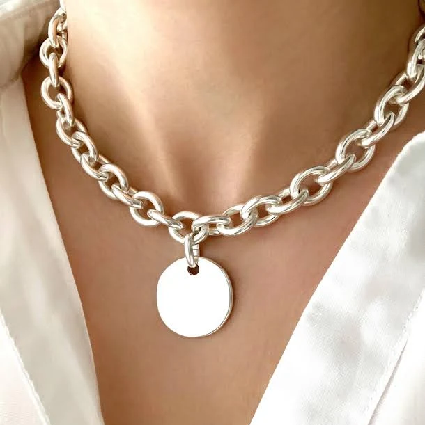 accessory Antique Silver Chunky Medal Pendant Curb Chain Necklace Etsy - Seller $100.32