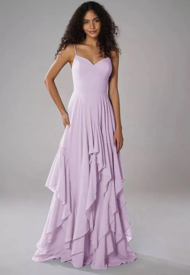 dress AW.Bridal A-line Sweetheart Neckline Floor Length Sleeveless Spaghetti Straps Ruffles Tiered Long Bridesmaid Dresses Dress AW Bridal $98.99