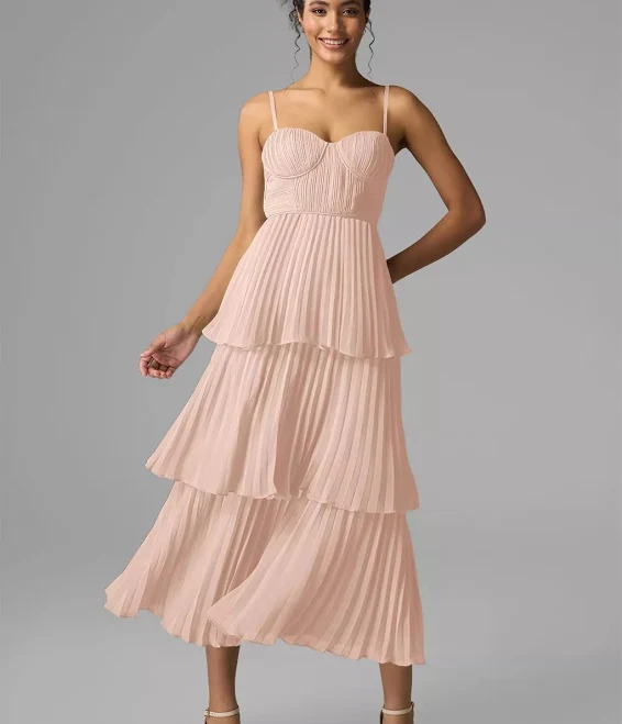 dress AW.Bridal A-line Sweetheart Neckline Tea Length Sleeveless Spaghetti Straps Pleat Ruffles Tiered Dresses Dress AW Bridal $94.49