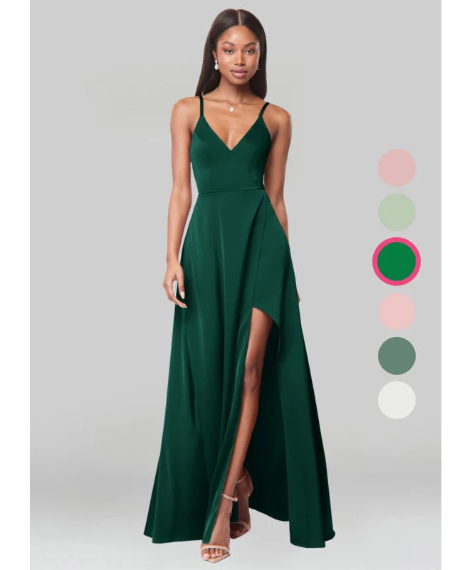 maxi dress Azazie A-Line V-Neck Floor-Length Stretch Satin Bridesmaid Dresses Azazie.com $119