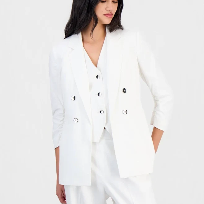 outerwear Bar III Women's Ruched-Sleeve Linen Blazer Macy's $103.99