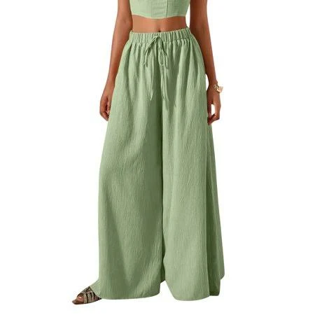 pants Bbyeadc Women's Linen Pants Drawstring Wide Leg Bottoms Lightweight High Waist Trousers Vacation Pants with Pocket Walmart - bbyeadc $21.99