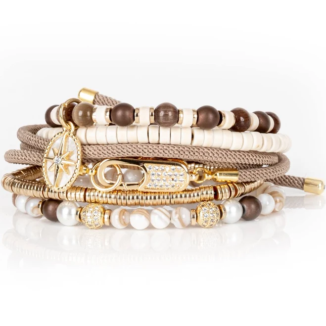 accessory Beaded Bracelet Stack with Gold Compass Charm the dark $60