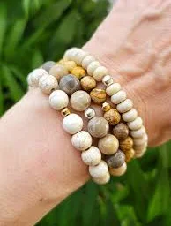 accessory Beaded neutral color stacker stretch / Riverstone, Picture Jasper, Fossil Coral or Howlite stone beads/ Custom size stackable bracelet Etsy $22