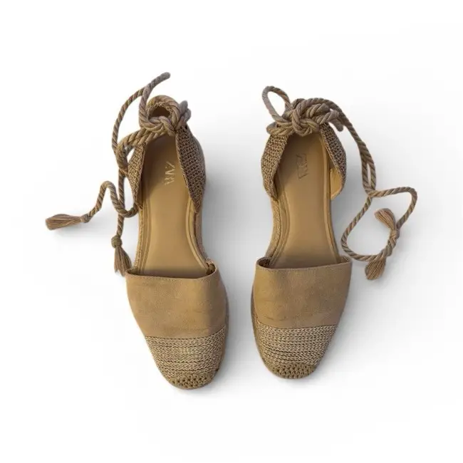 shoes Beige Braided Tie Espadrille Sandals Canvas Ankle Strap Flat Summer Casual eBay $20