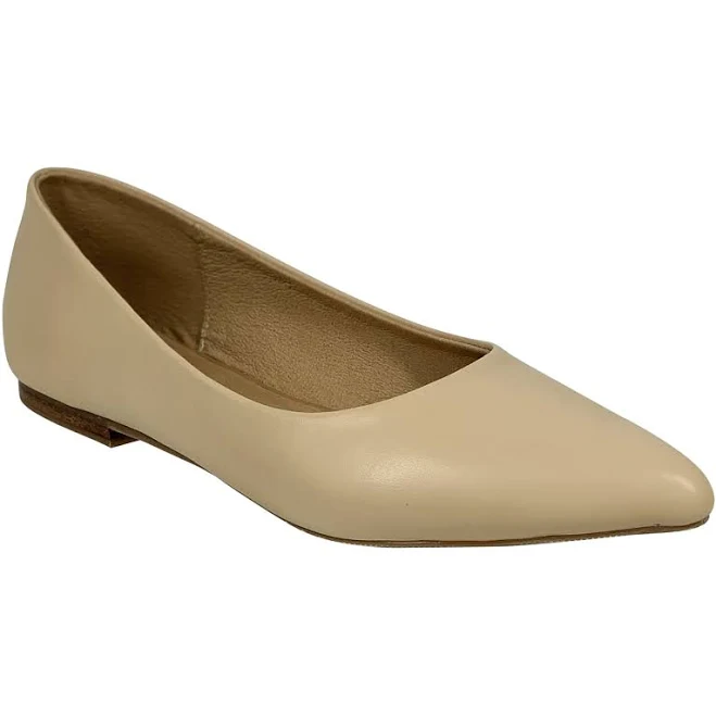 shoes Beige Leather Pointed Toe Flat Memory Foam Cushion sobeyo.com $59.95